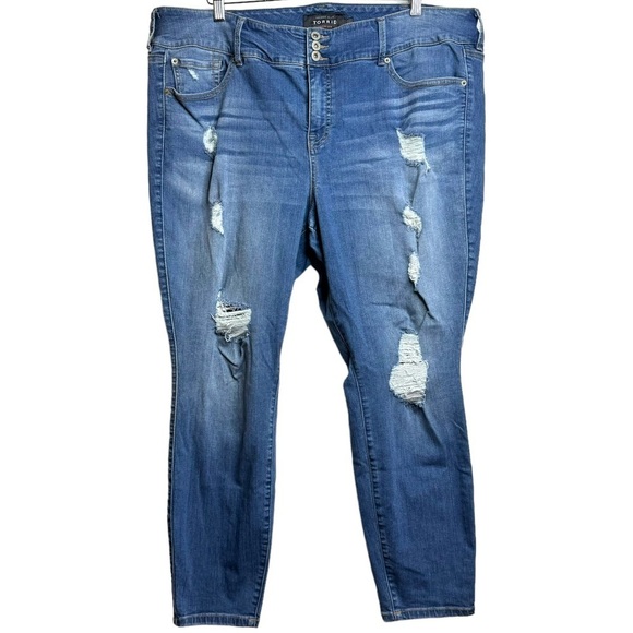 Torrid Distressed Ripped Stretch High Rise Skinny Leg Blue Jeggings 24 Regular - Picture 1 of 16